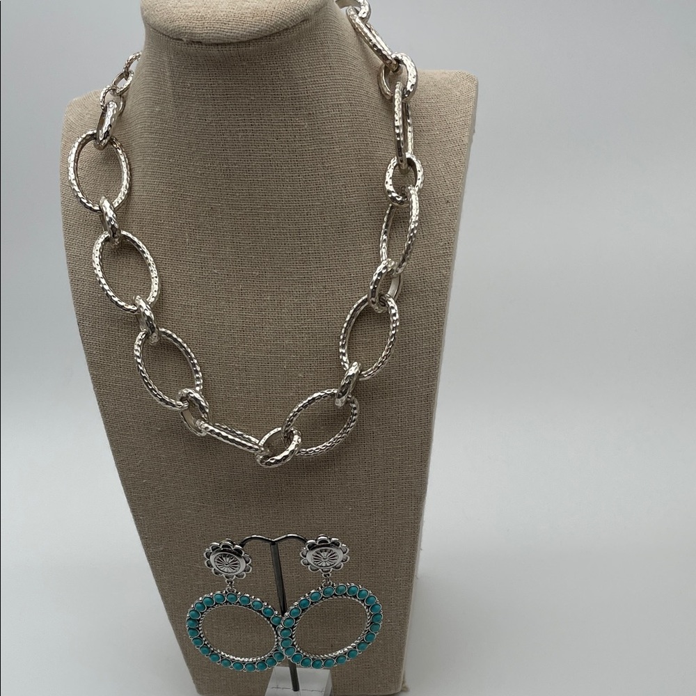 Premier Designs Silver Vintage Necklace and SW Style Turquoise Accent Earrings